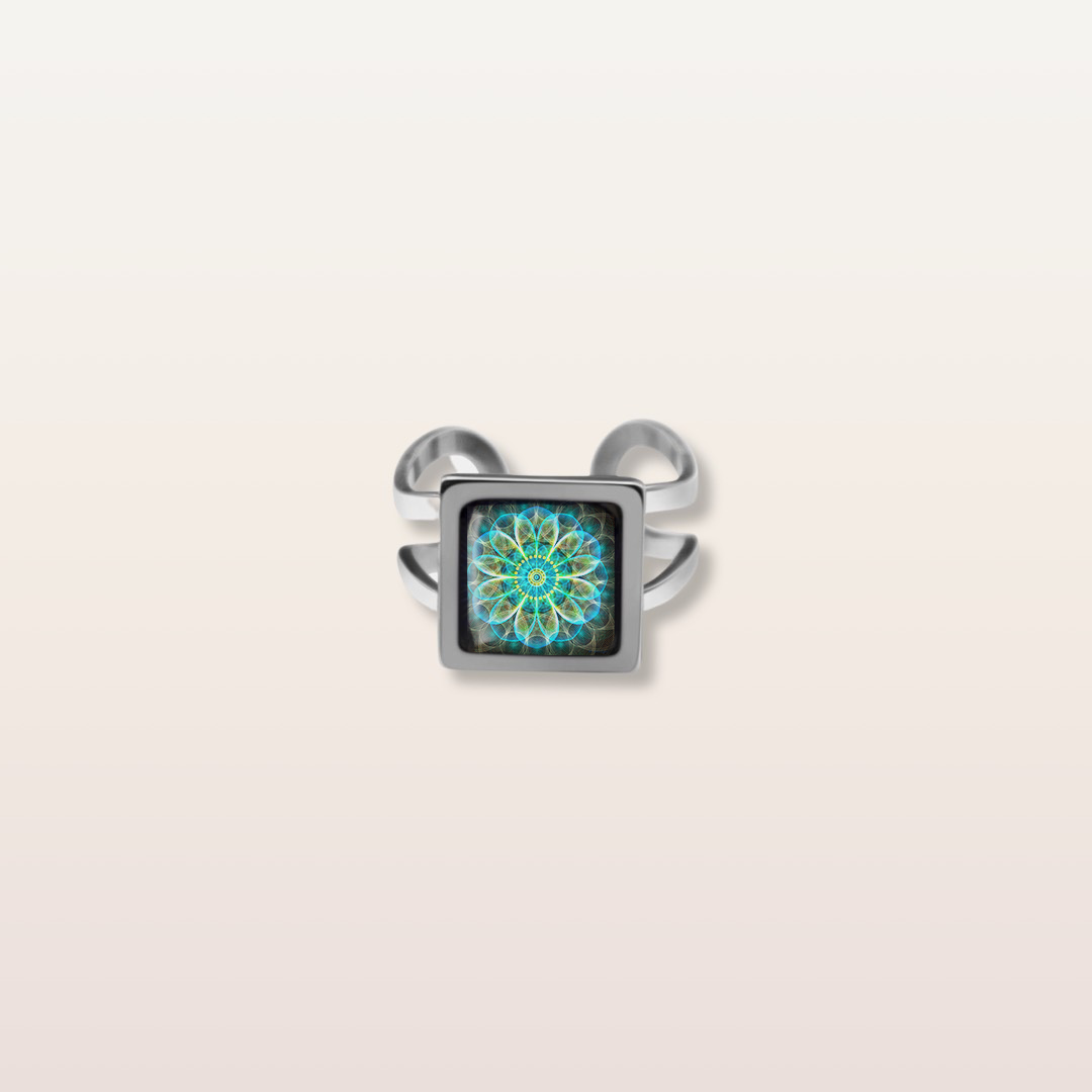 RRR5 - Cabochon Glass Ring- Sacred geometry symbols of healing Arts