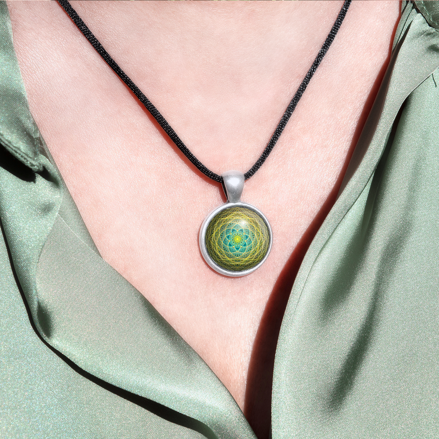 N13 - New Beginnings - Cabochon Glass Necklace - Sacred geometry symbols of healing Arts